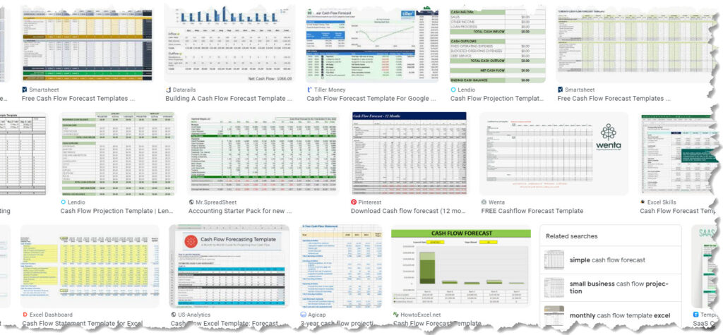 Search results for Cash Flow Projection Templates in a Google search.