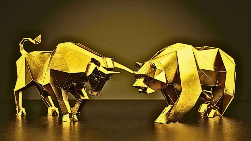 The image shows two small metal replicas of a bear and a bull about to attack one another.