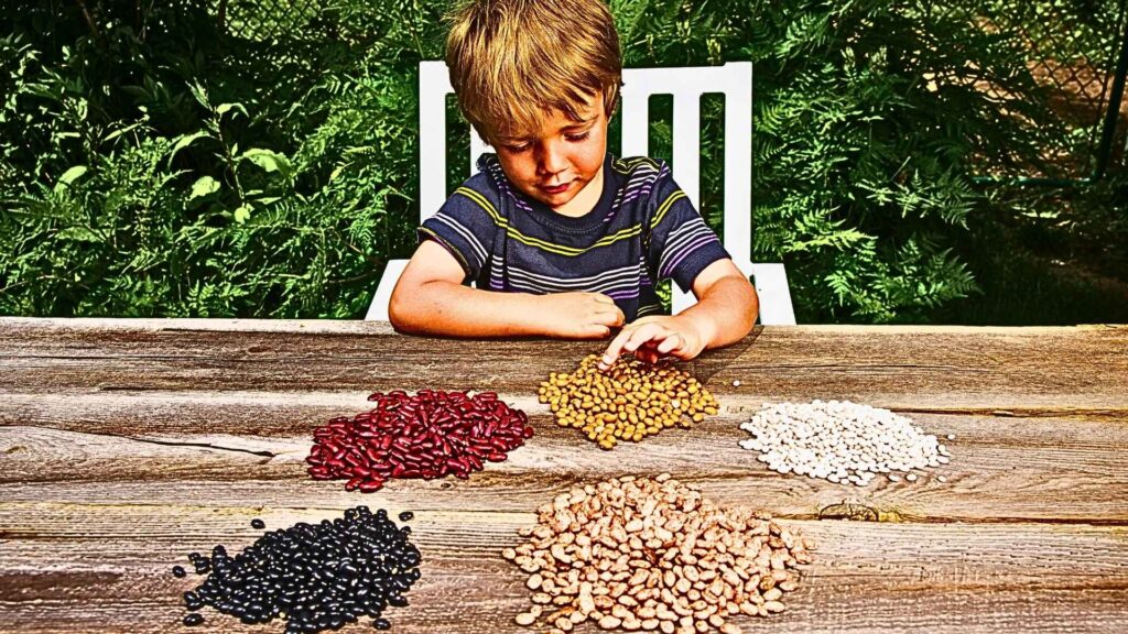 Child sitting at a table counting four groups of beans.